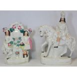 Two Staffordshire figures of a Scottish hunter on horseback with stag, 37.5cm high and another