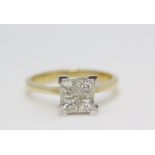 18ct gold four stone diamond ring invisible set ring of square form. 0.75ct. Size N
