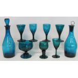 Small collection of 19th century and later turquoise glass comprising: wine glass with ribbed