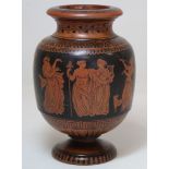 19th century redware vase of baluster form with circular foot, with continuous black frieze of