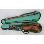 Chinese "Lark" 7/8 size violin with 13½? two piece back, with two unmarked bows, in fitted hard
