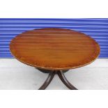19th century circular mahogany crossbanded tilt top breakfast table, raised on turned column,