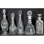 Whitefriars clear glass decanter designed by William Wilson, 1936, 33cm high; two triple ring neck