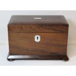 19th century rosewood tea caddy of plain rectangular form with canted base, annular knop feet and