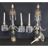 Pair of 20th century cut glass and gilt metal twin branch candelabra with pineapple finials, tapered