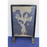 Unusual Arts and Crafts silhouette fire screen depicting a pair of open gates with foliage. Label