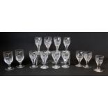 Set of eight small clear wine or liqueur glasses by Brierley, the rounded bowls on faceted drawn