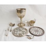 Silver cup, two tea pot stands, various spoons and small items, Weighable 10oz, 353g.