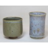Chris Lucas of Wigton studio pottery stoneware vase of cylindrical form with pale lavender drip