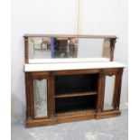 19th century mahogany marble top sideboard, the mirrored back with brass fretwork over open center