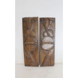 Two antique carved oak panels, possibly from coffer chest, depicting a violin, lute, tambourine &