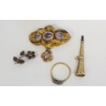 Gold gem ring, a garnet brooch another and a watch key (4)