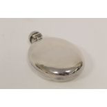 Silver spirits flask of curved oval shape with bayonet cap, by Sampson Mordan 1888, 11.1 cm long,