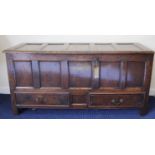 Antique oak mule chest with five carved fielded panels and two drawers below. 163cm