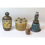 Tibetan bone and metal snuff bottle with carved panels of dragons, set with turquoise cabochons,11.