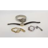 Two lady's 9ct gold watches, a gents silver wrist watch 1953 and another lady's with enamel, 1921.
