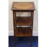 Edwardian mahogany three tier square occasional table with inlaid floral and foliate scroll panel.