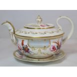 Early 19th century English porcelain teapot of Empire shape with matching circular stand with