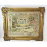 Georgian finely worked silk embroidered panel depicting a mansion house in grounds with trees, a