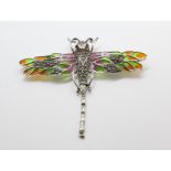 Silver dragonfly brooch/pendant set with rubies, marcasite and plique-a-jour.