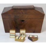 Early 19th century mahogany tea caddy of sarcophagus form (lacking escutcheon and ball feet), with