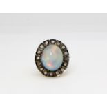 9ct gold and silver cabochon Ethiopian opal and rose cut diamond ring Size 0
