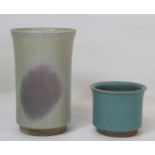 Chris Lucas of Wigton stoneware studio pottery vase of cylindrical form with celadon and purple