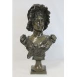 19th century Continental bronze bust of a lady wearing a mob cap, on socle plinth base, after an