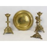 Pair of 19th century brass Arts & Crafts candlesticks, the plain sconces with deep dished drip trays