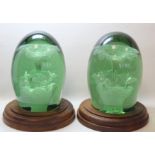 Pair of Victorian green glass dump paperweights of ovoid form with internal flowerhead decoration,