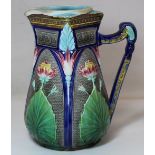 Victorian Copeland Majolica Aesthetic "Egyptian Lotus" pattern four gill jug/pitcher, c.1877, with