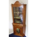Large late 19th century painted satinwood standing corner cabinet in the Sheraton Revival style,