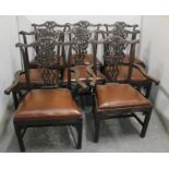 Set of eight 19th century mahogany dining chairs in the Chippendale style, slip in seats raised on