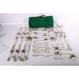 Double struck King's pattern table flatware comprising servings spoon, six table spoons, six table