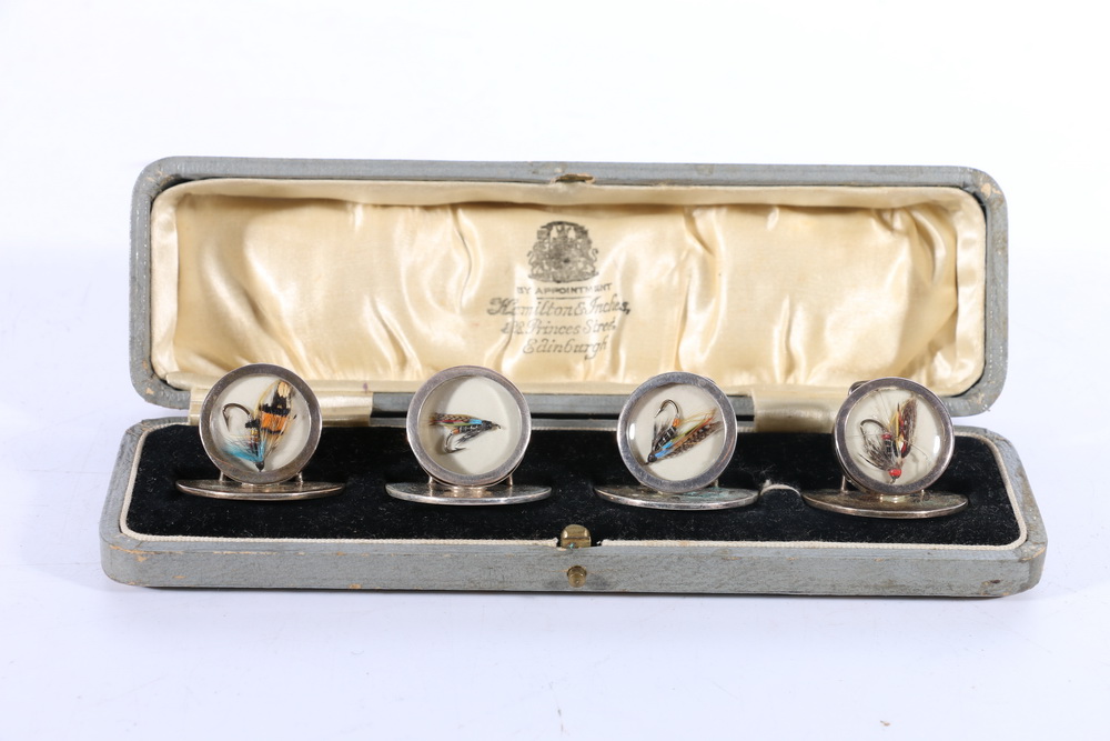 Set of four George V Art Deco period silver place name holders with inset fishing flies by William