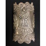 Peruvian silver lower sleeve wrist cuff decorated in repousse with female figure flanked by two