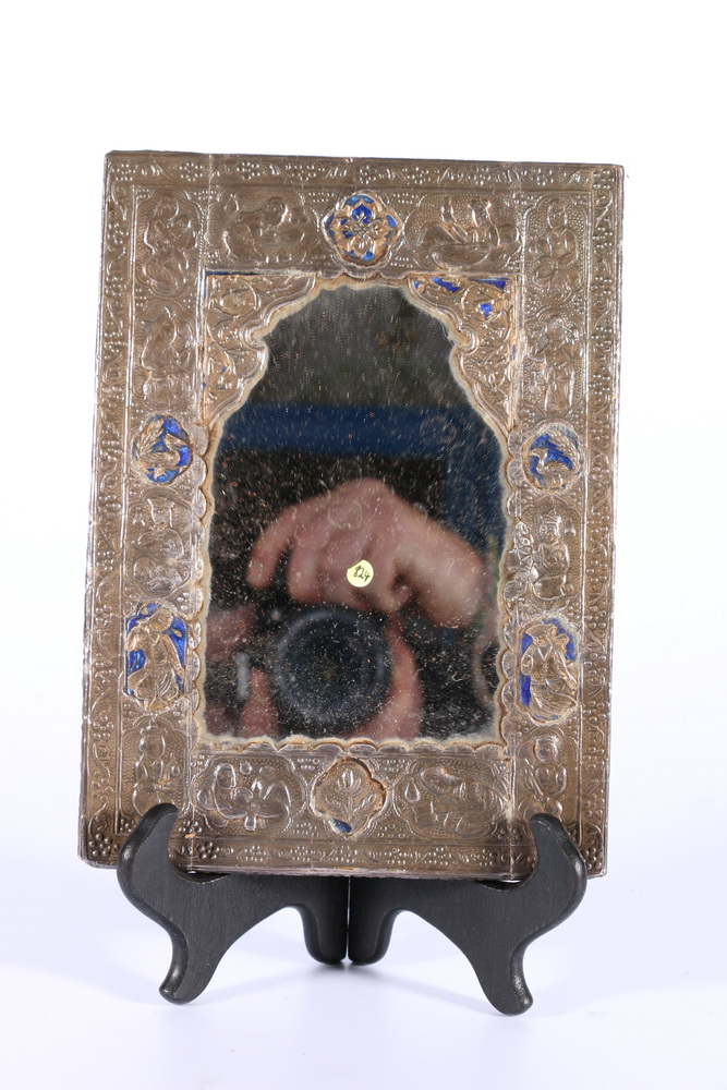 Iranian silver and enamel inlaid frame with repousse figure and flower decoration, 22cm x 16cm,