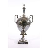 Silver plated samovar or tea urn with repoussé decoration depicting C scrolls and foliage, 57cm tall
