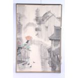 Chinese watercolour painting of a figure with a red umbrella crossing a bridge, signed and with