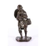 Seiya, Japanese bronze figure of a framer with a bag over his shoulder holding a tobacco pouch and