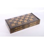 19th Century Chinese lacquered games box, the black lacquer decorated in gilt with figures in a