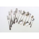Part suite of silver rat-tail flatware comprising table fork, five silver dessert forks and four