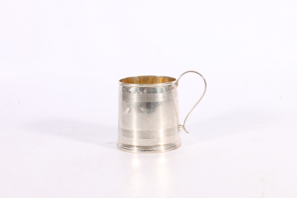 Indian Colonial silver christening mug with two incised bands and gilded interior, possibly by