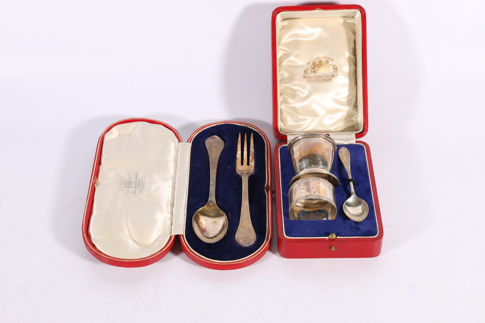 George V silver christening set with egg cup, spoon and napkin ring by Hamilton and Inches