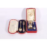 George V silver christening set with egg cup, spoon and napkin ring by Hamilton and Inches