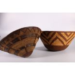 African woven bowl of conical shape, with laced and woven leather bands and base, 38cm and another