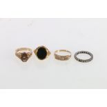 Two 9ct gold dress rings 5.5g, an 18ct gold bloodstone set signet ring (clipped) 5.6g and an