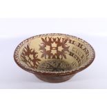 19th century Scottish pottery redware sgraffito bowl "Mrs McAulay Coal Row Hopeman 1897" in the