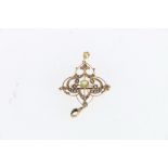 Victorian 9ct gold openwork seed pearl and green chrysoberyl combination pendant brooch, makers