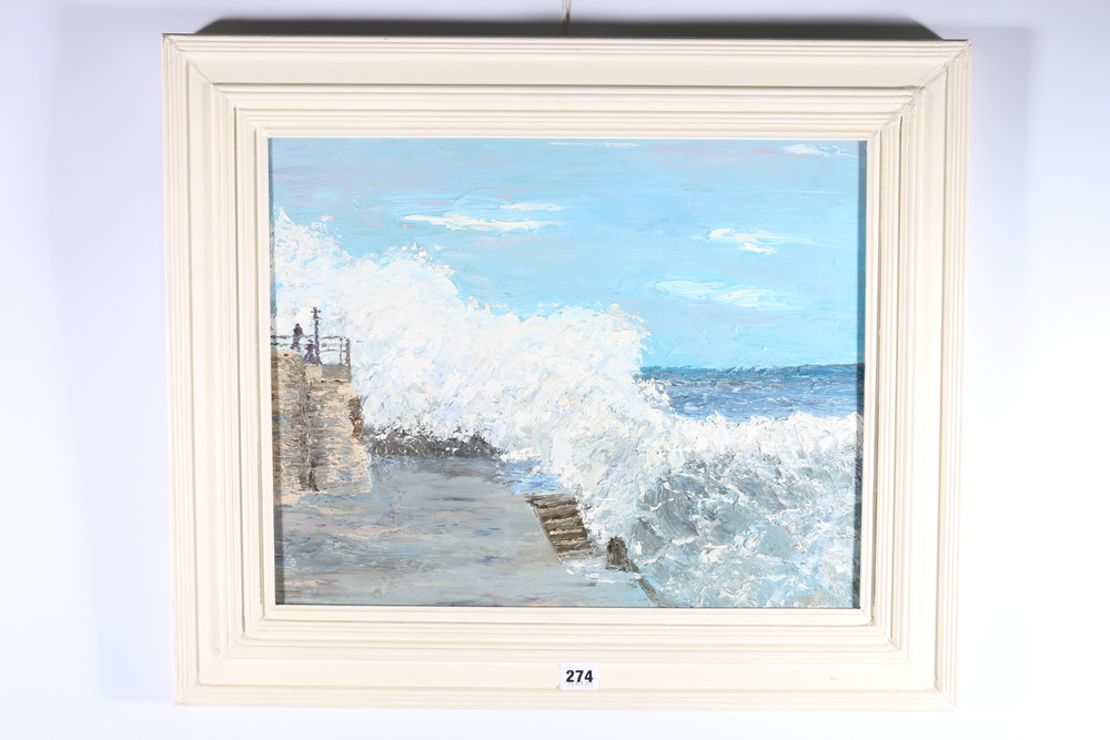 ANNE E DUNLOP of Ellie East Neuk, Stormy Weather at St Andrews Harbour, Signed oil on canvas, 38cm x